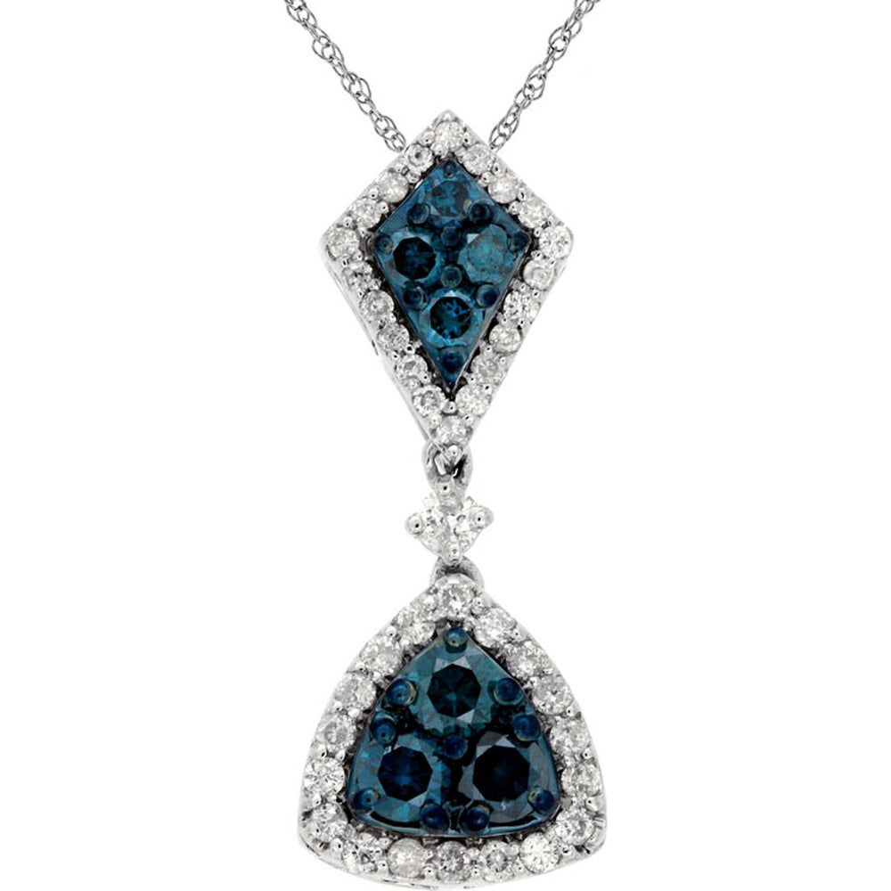 14K White Gold Geometric Drop Pendant with Blue Diamond Cluster and White Diamond Halo - 0.40 Carat Blue Diamond Total Weight and 0.24 Carat White Diamond Total Weight - Royal Jewelry