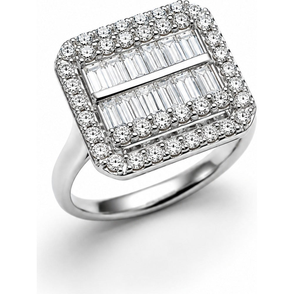 14K White Gold Geometric Fashion Ring with Baguette and Round Diamond Halo - 1.15 Carat Total Diamond Weight by Auriventus