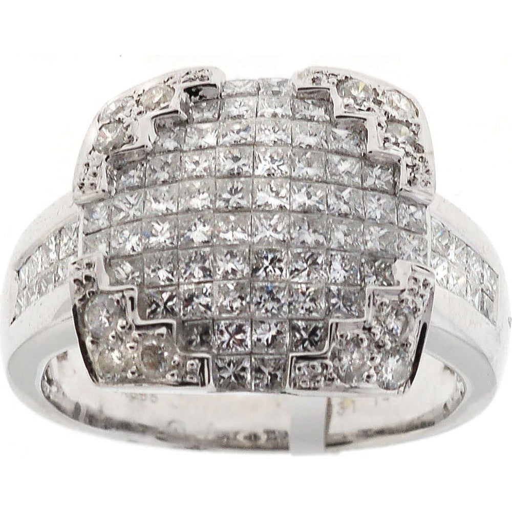 14K White Gold Geometric Fashion Ring with Invisible-Set Princess and Round Diamonds - 2.63 Carat Total Diamond Weight by Auriventus
