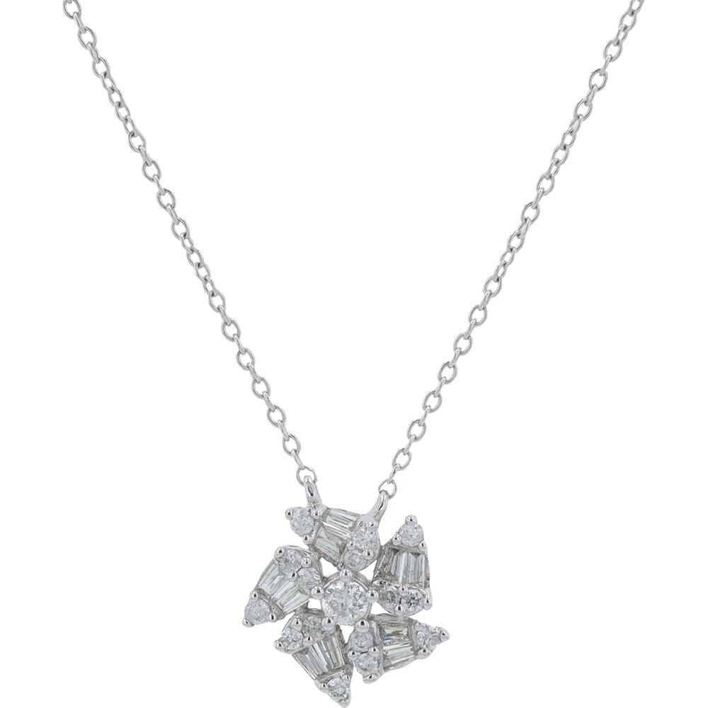 14K White Gold Geometric Floral Pendant Necklace with Fancy Cut Cluster Diamonds - 0.20 Carat Total Diamond Weight