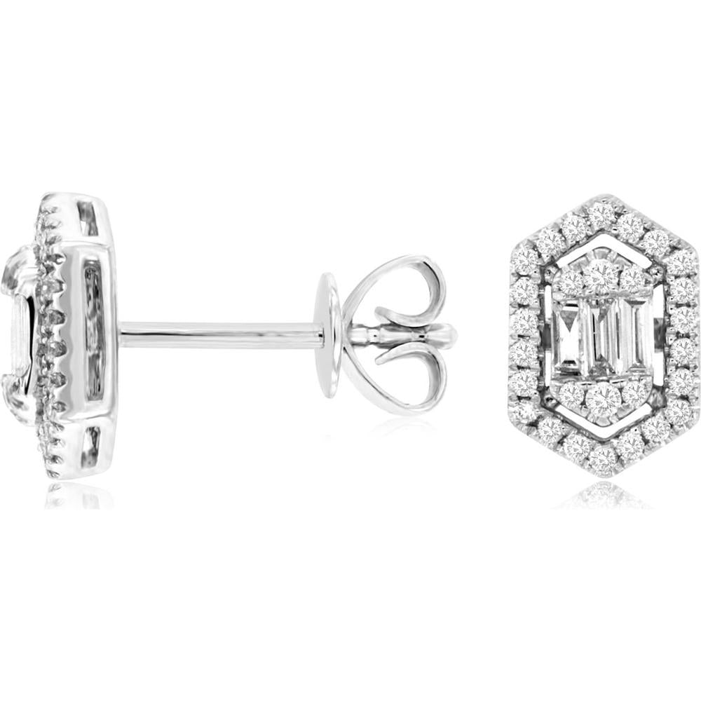 14K White Gold Geometric Halo Diamond Stud Earrings with Omega Backs – 0.29 Carat Total Diamond Weight (Baguette & Round Cut) - Royal Jewelry