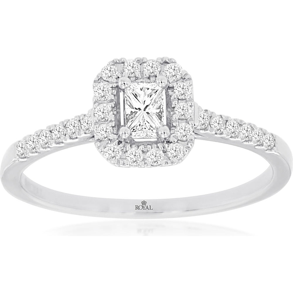 14K White Gold Geometric Halo Engagement Ring with Square Cut Center Diamond and Pavé Set Accents - 0.35 Carat Total Diamond Weight - Royal Jewelry