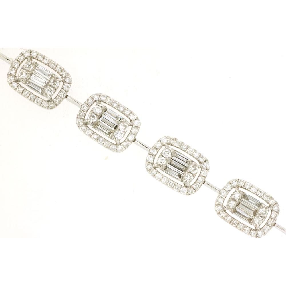 14K White Gold Geometric Halo Link Bracelet with Baguette and Round Brilliant Diamonds - 3.31 Carat Total Diamond Weight - Royal Jewelry