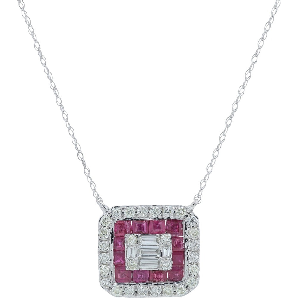 14K White Gold Geometric Halo Pendant Necklace with Square Rubies and Baguette Diamonds - 0.82 Carat Total Ruby Weight and 0.38 Carat Total Diamond Weight