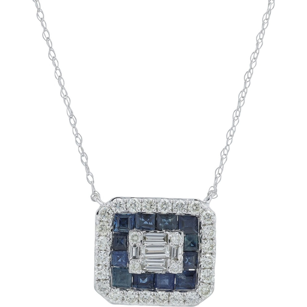 14K White Gold Geometric Halo Pendant Necklace with Square Sapphires and Baguette Diamonds - 0.82 Carat Total Sapphire Weight and 0.38 Carat Total Diamond Weight
