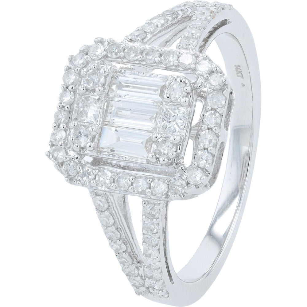 14K White Gold Geometric Halo Ring with Baguette and Princess-Cut Diamonds - 0.75 Carat Total Diamond Weight
