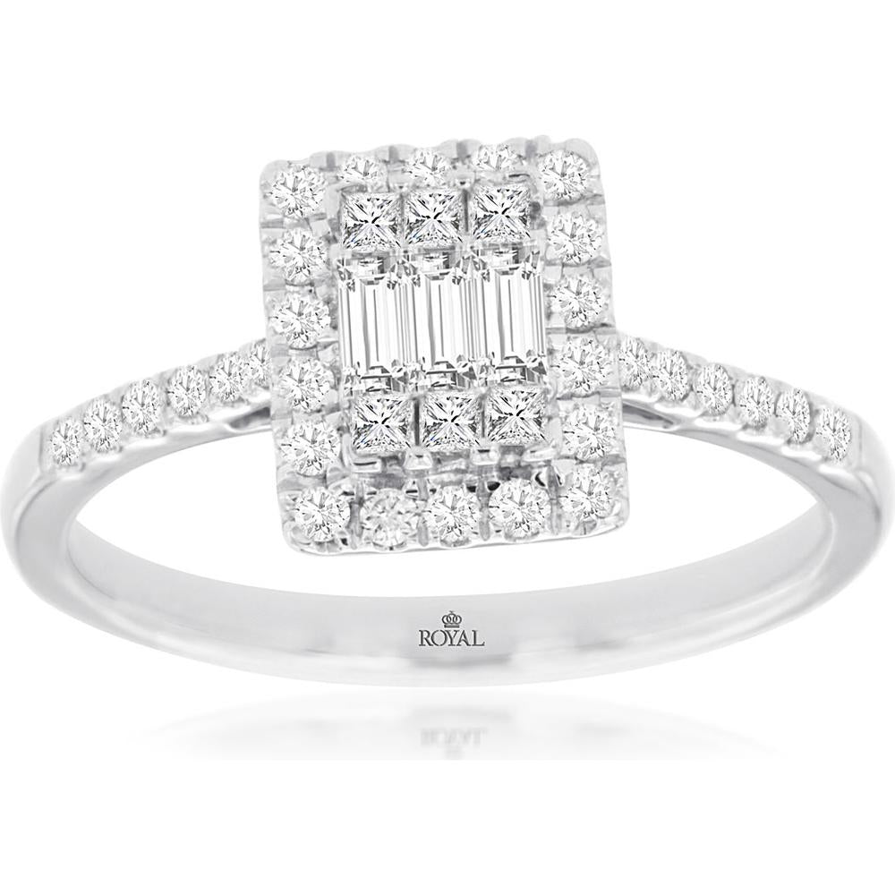 14K White Gold Geometric Halo Ring with Baguette, Princess Cut, and Round Diamonds - 0.50 Carat Total Diamond Weight - Royal Jewelry