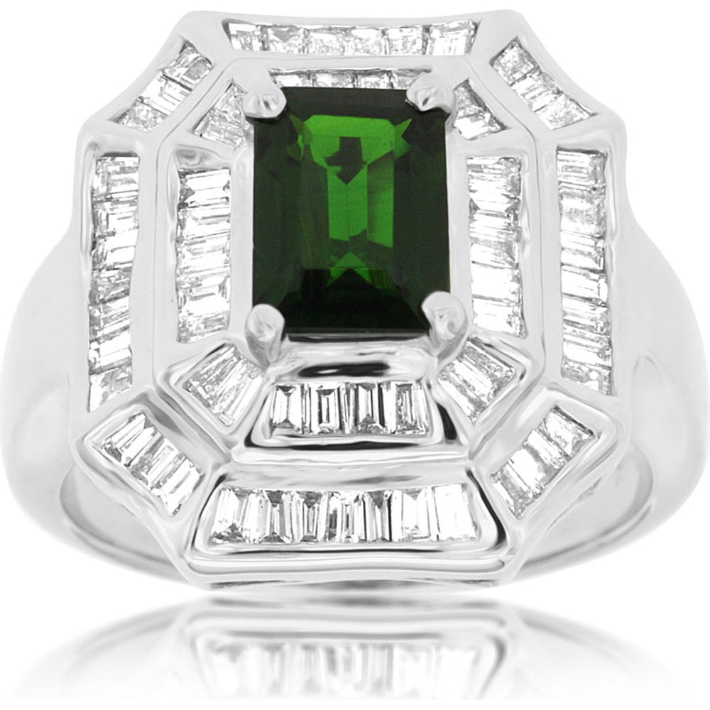 14K White Gold Geometric Halo Ring with Emerald-Cut Russalite and Channel-Set Baguette Diamonds - 1.00 Carat Russalite and 1.00 Carat Total Diamond Weight - Royal Jewelry