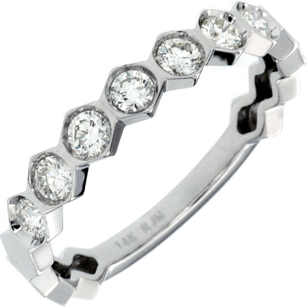 14K White Gold Geometric Hexagon Band with Bar-Set Round Diamonds - 0.42ct Total Diamond Weight - Royal Jewelry