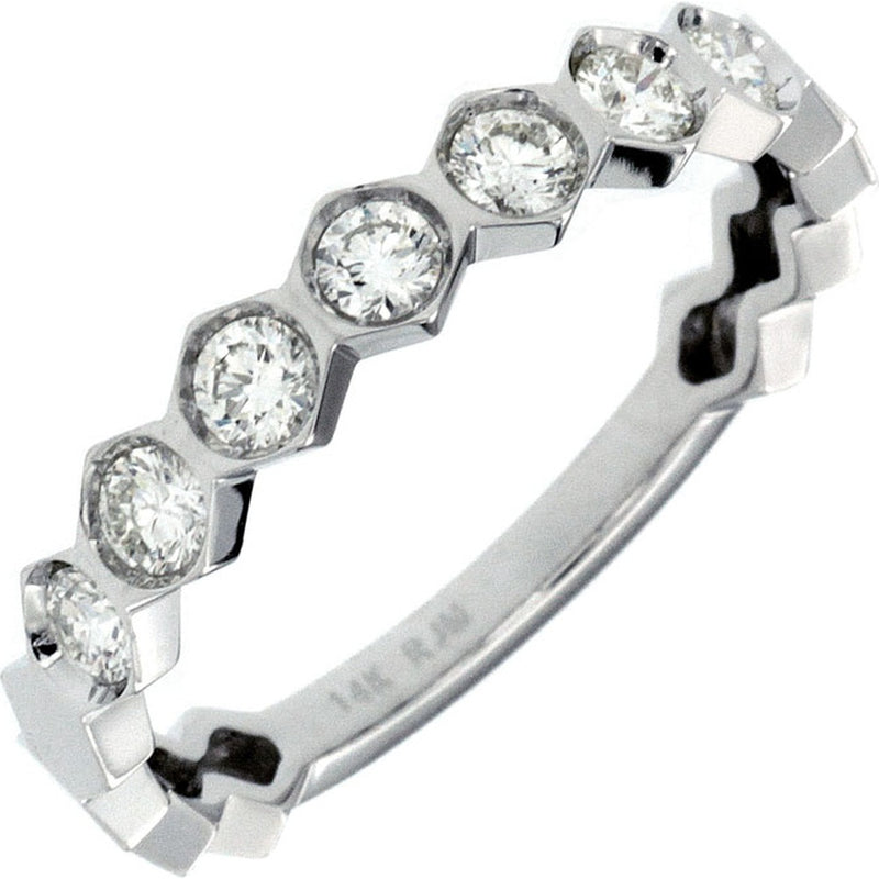 14K White Gold Geometric Hexagon Band with Bar-Set Round Diamonds - 0.42ct Total Diamond Weight - Royal Jewelry