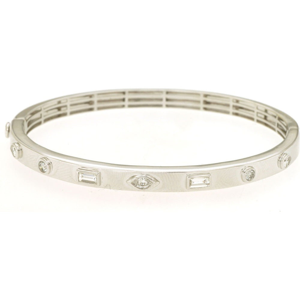 14K White Gold Geometric Hinged Bangle with Alternating Round, Baguette, and Marquise Diamonds - 0.65 Carat Total Diamond Weight - Royal Jewelry