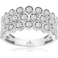 14K White Gold Geometric Honeycomb Band with Prong-Set Round Diamonds - 0.25 Carat Total Diamond Weight - Royal Jewelry