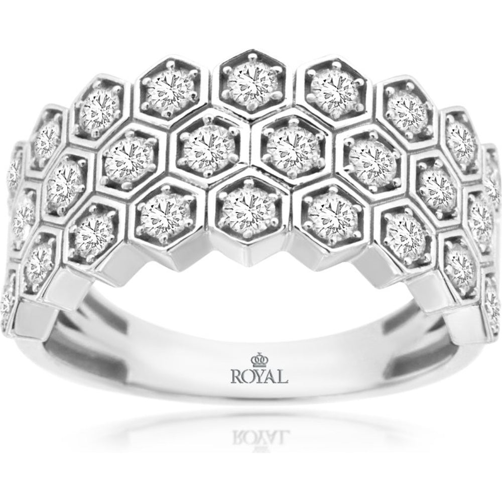 14K White Gold Geometric Honeycomb Band with Prong-Set Round Diamonds - 0.25 Carat Total Diamond Weight - Royal Jewelry
