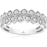 14K White Gold Geometric Honeycomb Wedding Band with Prong-Set Round Diamonds - 0.25 Carat Total Diamond Weight - Royal Jewelry