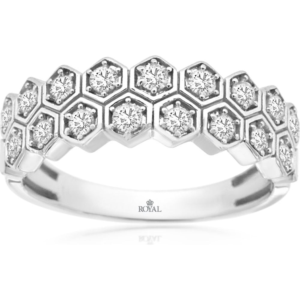 14K White Gold Geometric Honeycomb Wedding Band with Prong-Set Round Diamonds - 0.25 Carat Total Diamond Weight - Royal Jewelry