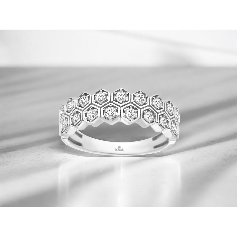 14K White Gold Geometric Honeycomb Wedding Band with Prong-Set Round Diamonds - 0.25 Carat Total Diamond Weight - Royal Jewelry