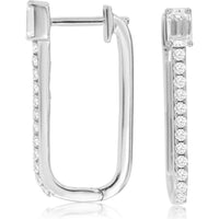 14K White Gold Geometric Hoop Earrings with Prong-Set Emerald Cut Diamond and Pavé Round Diamonds - 0.68 Carat Total Diamond Weight - Royal Jewelry