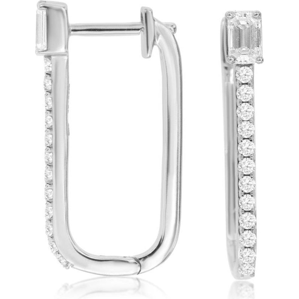 14K White Gold Geometric Hoop Earrings with Prong-Set Emerald Cut Diamond and Pavé Round Diamonds - 0.68 Carat Total Diamond Weight - Royal Jewelry