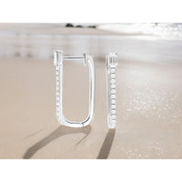 14K White Gold Geometric Hoop Earrings with Prong-Set Emerald Cut Diamond and Pavé Round Diamonds - 0.68 Carat Total Diamond Weight - Royal Jewelry