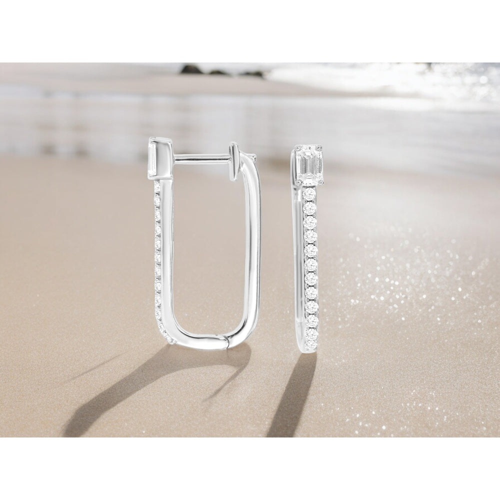 14K White Gold Geometric Hoop Earrings with Prong-Set Emerald Cut Diamond and Pavé Round Diamonds - 0.68 Carat Total Diamond Weight - Royal Jewelry