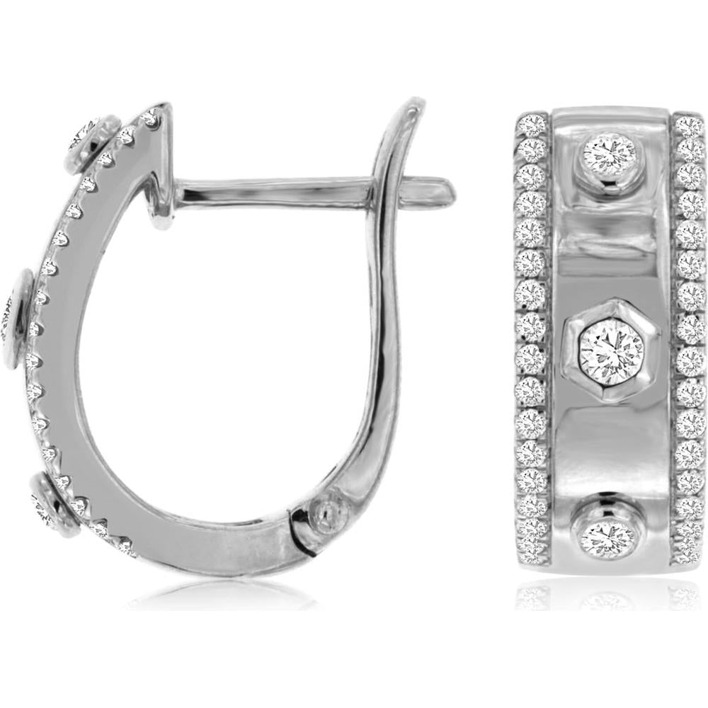 14K White Gold Geometric Huggie Earrings with Round Diamonds - 0.31 Carat Total Diamond Weight - Royal Jewelry