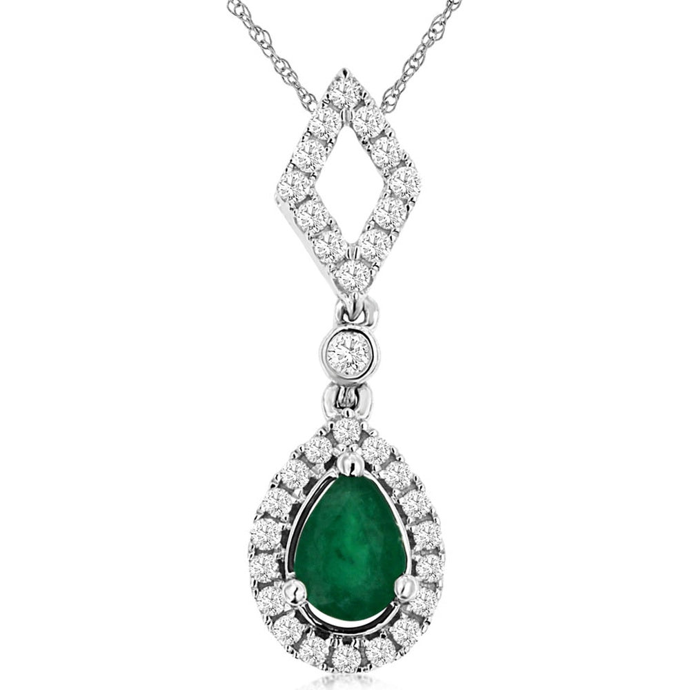 14K White Gold Geometric Kite and Pear-Shaped Emerald Pendant with 0.37 Carat Diamond Accents - 0.68 Carat Emerald Total Weight - Royal Jewelry