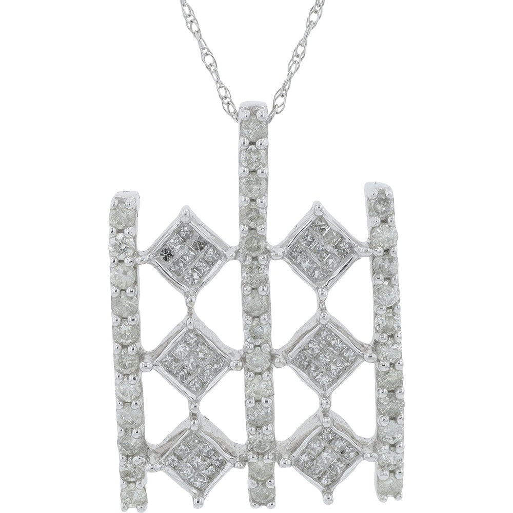 14K White Gold Geometric Lattice Pendant with Prong-Set Round and Invisible-Set Square Diamonds - 1.00 Carat Total Diamond Weight