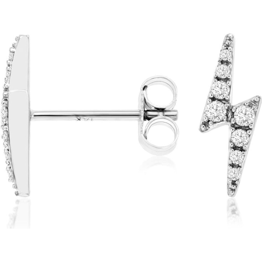 14K White Gold Geometric Lightning Bolt Stud Earrings with Prong-Set Round Diamonds - 0.16 Carat Total Diamond Weight - Royal Jewelry