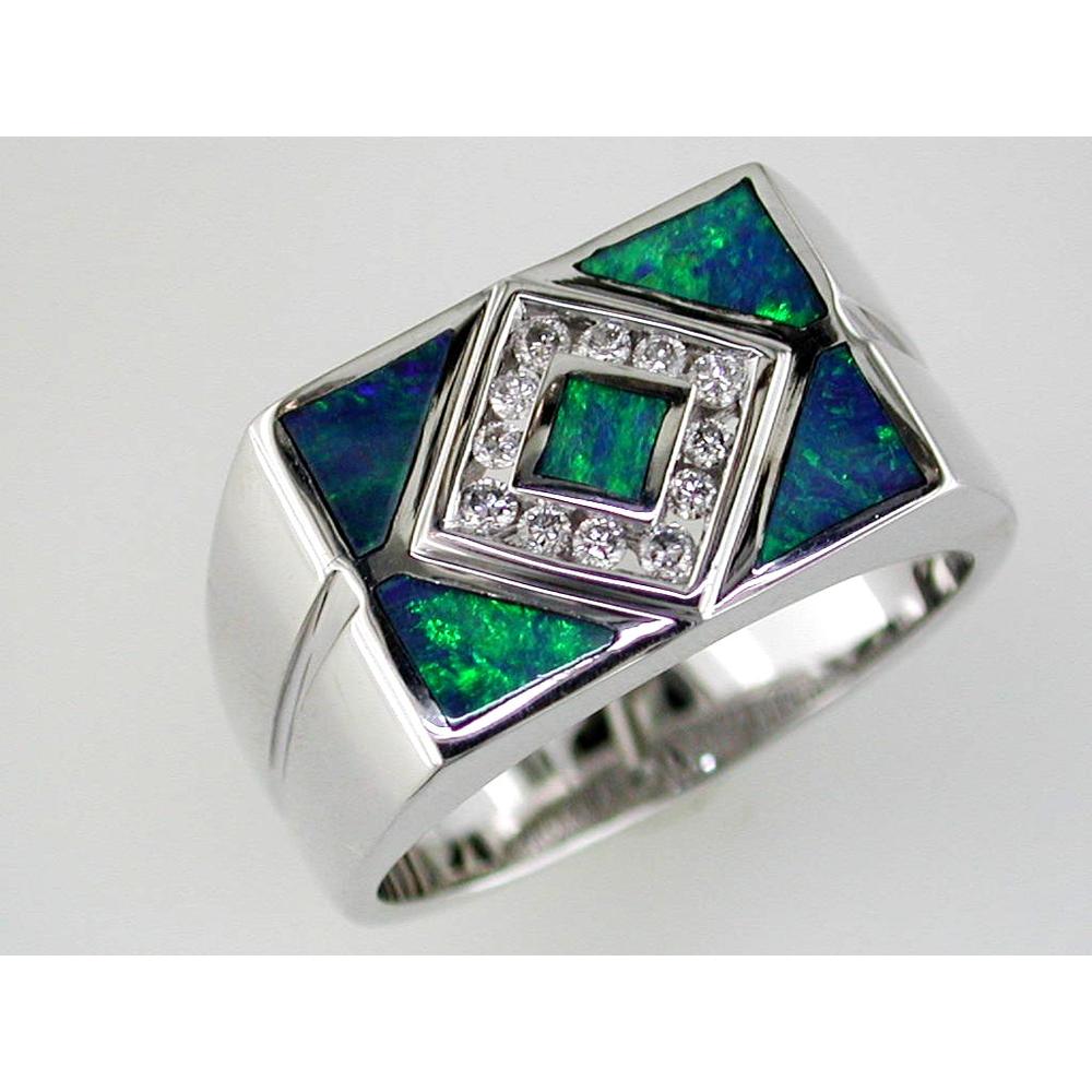 14K White Gold Geometric Men's Ring with Square Opal Inlay, Triangular Opal Accents, and Diamond Halo - 0.17 Carat Total Diamond Weight - Royal Jewelry