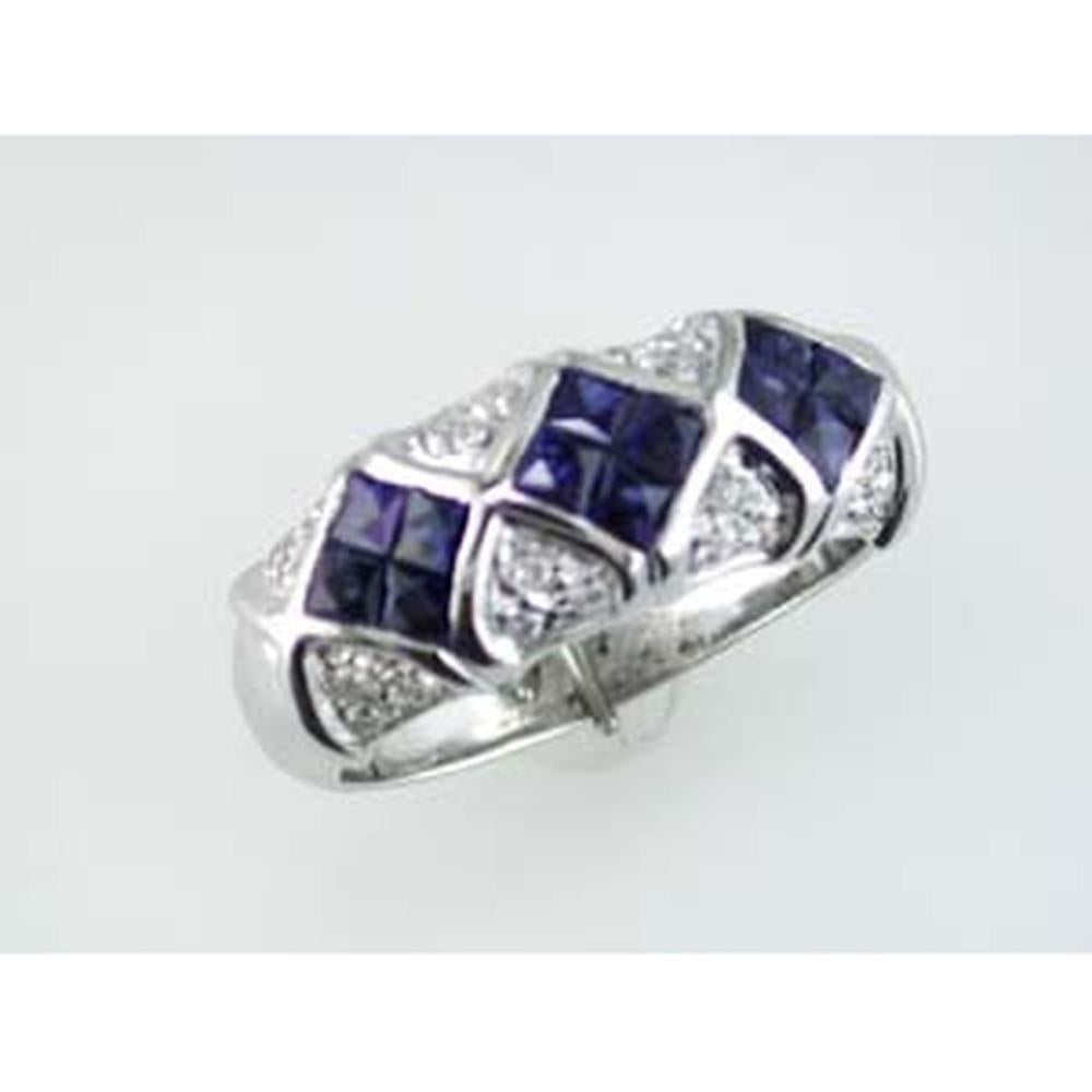 14K White Gold Geometric Mosaic Ring with Invisible Set Princess Cut Sapphires and Round Diamond Accents - 1.85 Carat Sapphire Total Weight, 0.50 Carat Diamond Total Weight - Royal Jewelry