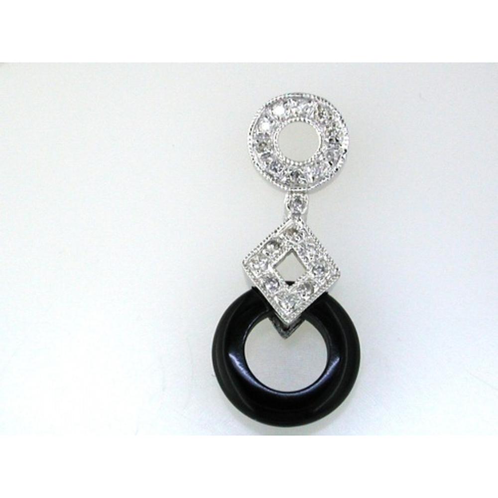 14K White Gold Geometric Onyx & Diamond Dangle Pendant with Round Diamond Accents - 0.11 Carat Total Diamond Weight - Royal Jewelry