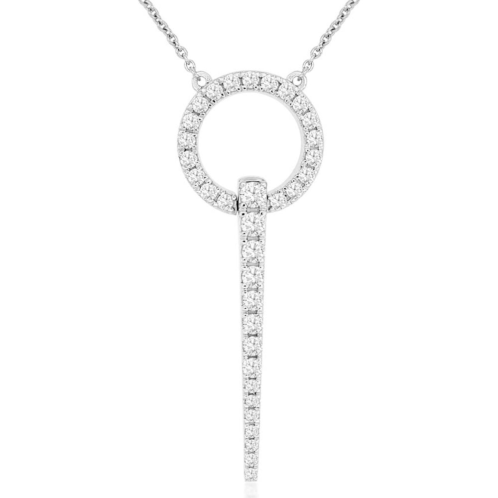14K White Gold Geometric Open Circle and Bar Pendant Necklace with Prong-Set Round Diamonds - 0.85 Carat Total Diamond Weight - Royal Jewelry
