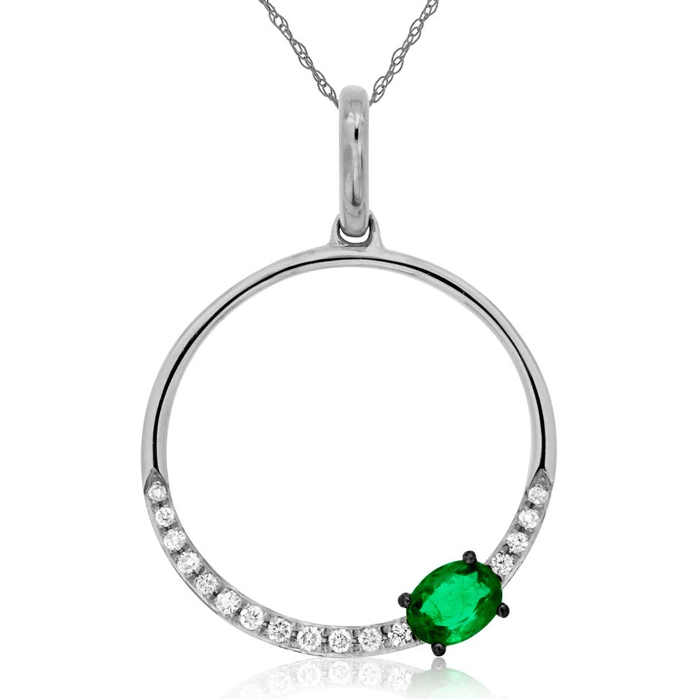 14K White Gold Geometric Open Circle Pendant with Prong-Set Oval Emerald and Round Diamond Accents - 0.20ct Emerald and 0.07ct Total Diamond Weight - Royal Jewelry