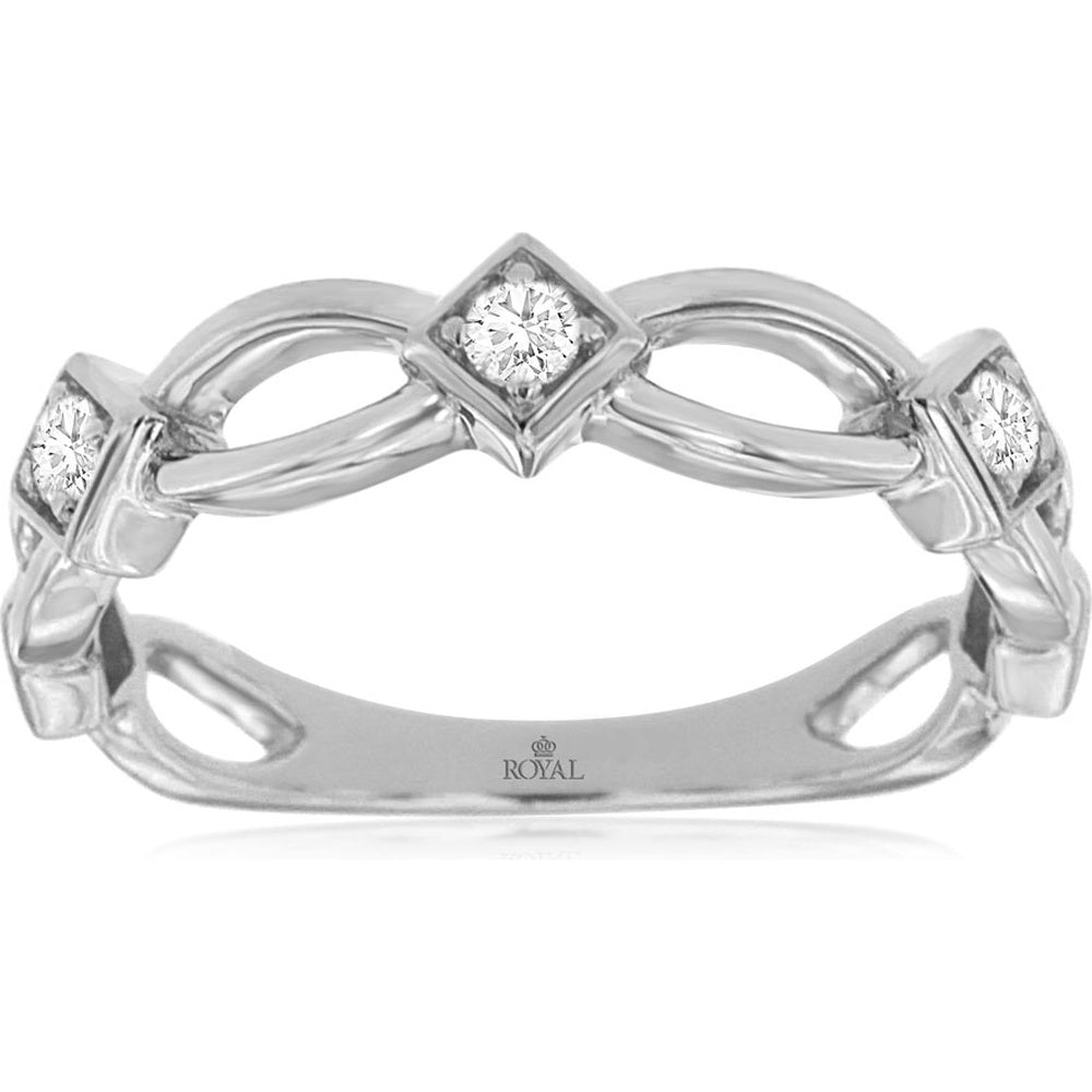 14K White Gold Geometric Open-Shank Diamond Ring with Box-Set Round Diamonds - 0.12 Carat Total Diamond Weight - Royal Jewelry