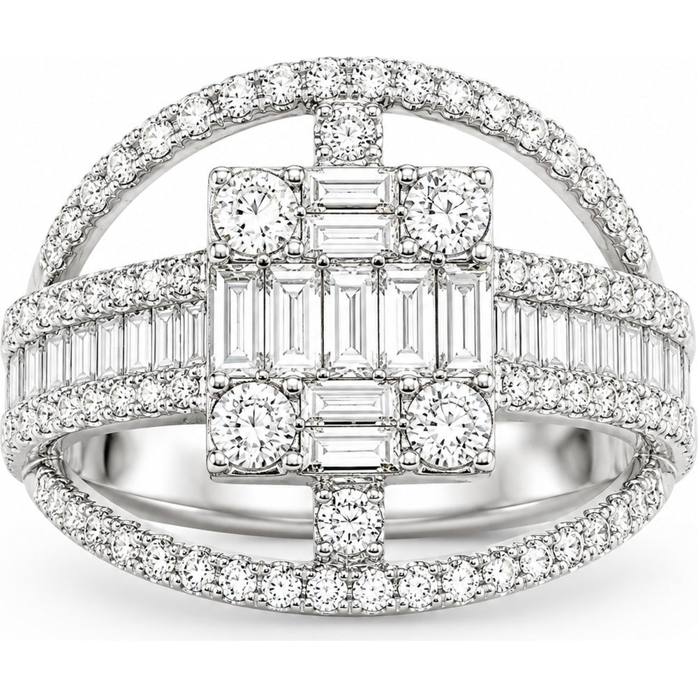 14K White Gold Geometric Openwork Fashion Ring with Channel-Set Baguette and Prong-Set Round Diamonds - 2.11 Carat Total Diamond Weight by Auriventus