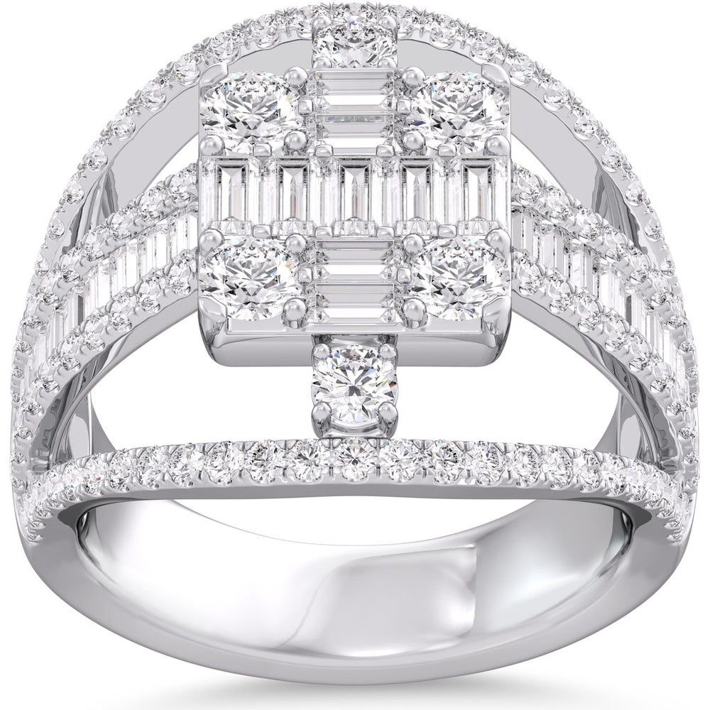 14K White Gold Geometric Openwork Fashion Ring with Channel-Set Baguette and Prong-Set Round Diamonds - 2.11 Carat Total Diamond Weight by Auriventus