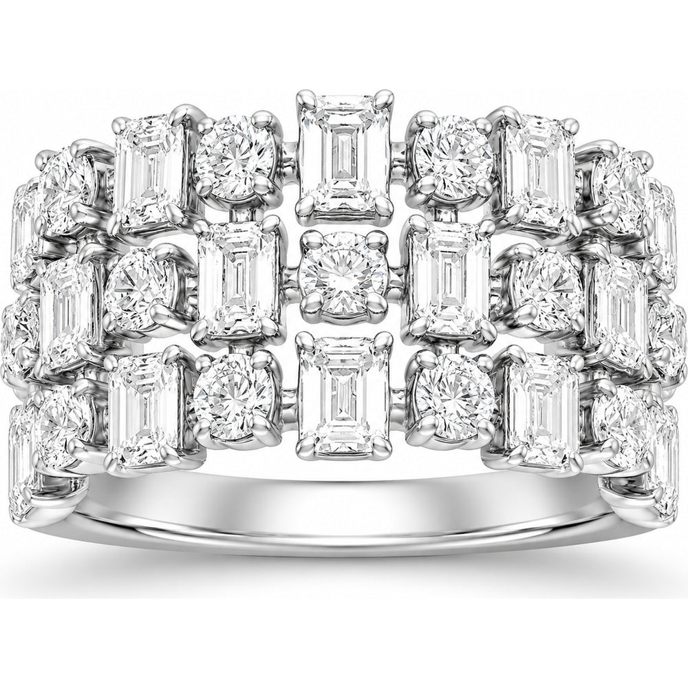 14K White Gold Geometric Openwork Fashion Ring with Emerald Cut and Round Brilliant Diamonds - 3.13 Carat Total Diamond Weight by Auriventus