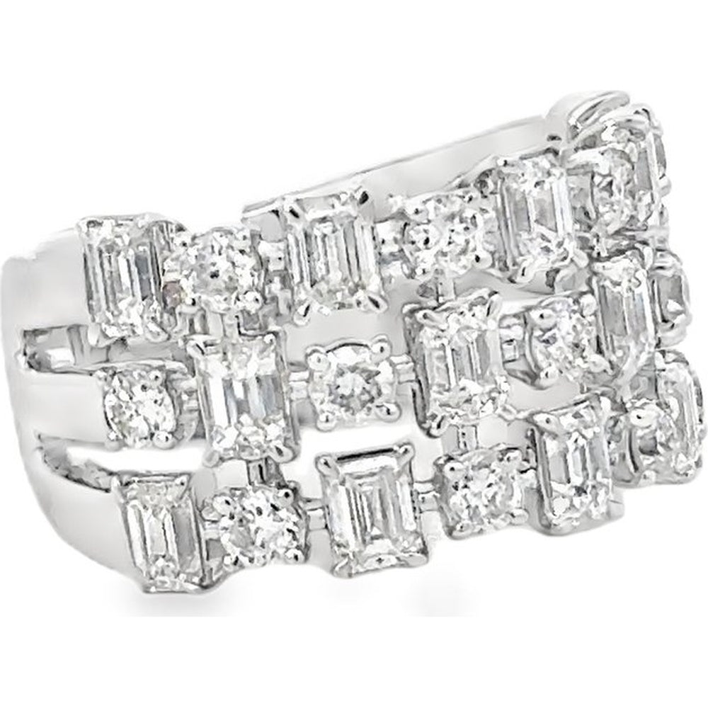 14K White Gold Geometric Openwork Fashion Ring with Emerald Cut and Round Brilliant Diamonds - 3.13 Carat Total Diamond Weight by Auriventus