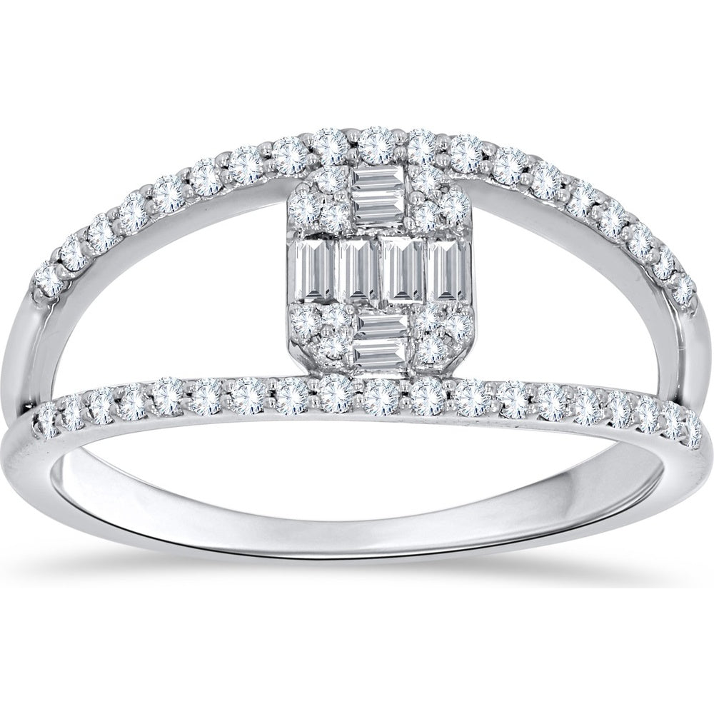 14K White Gold Geometric Openwork Fashion Ring with Round and Baguette Diamonds - 0.35 Carat Total Diamond Weight by Auriventus