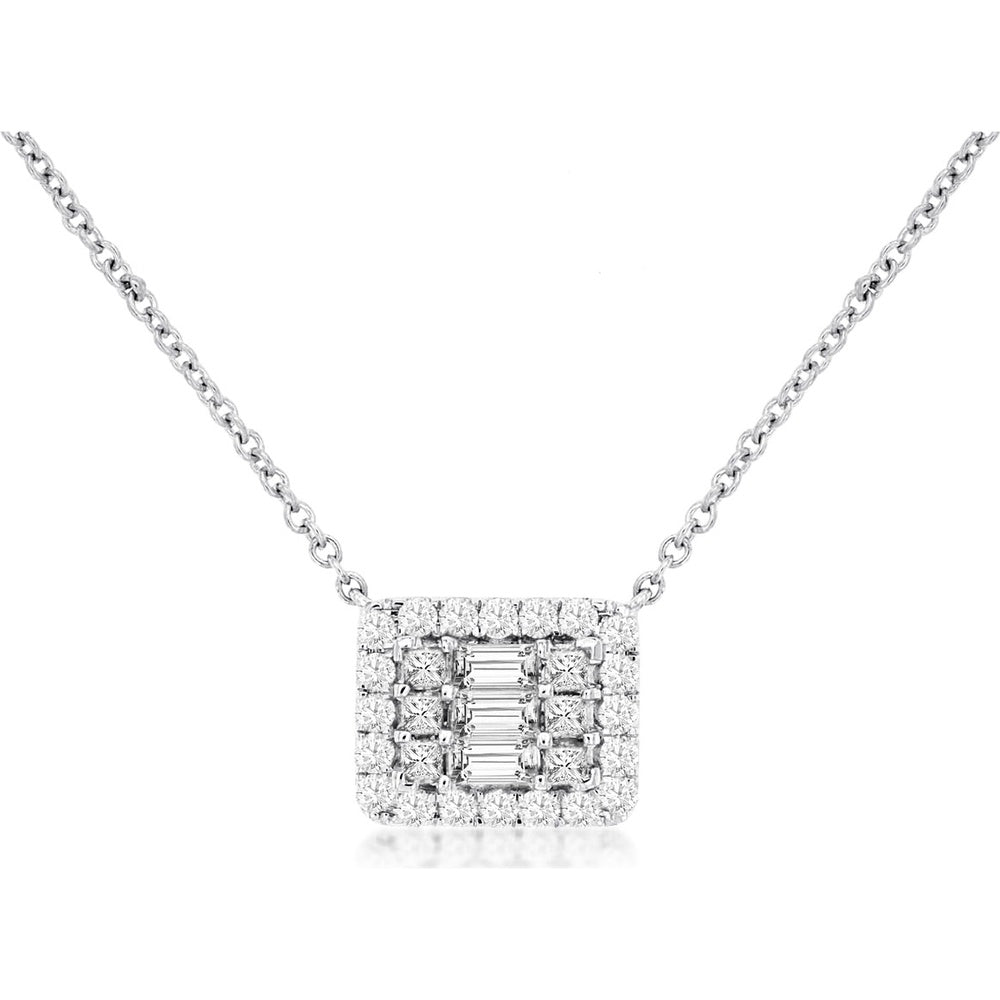 14K White Gold Geometric Pendant Necklace with Baguette and Round Diamonds - 0.39 Carat Total Diamond Weight - Royal Jewelry