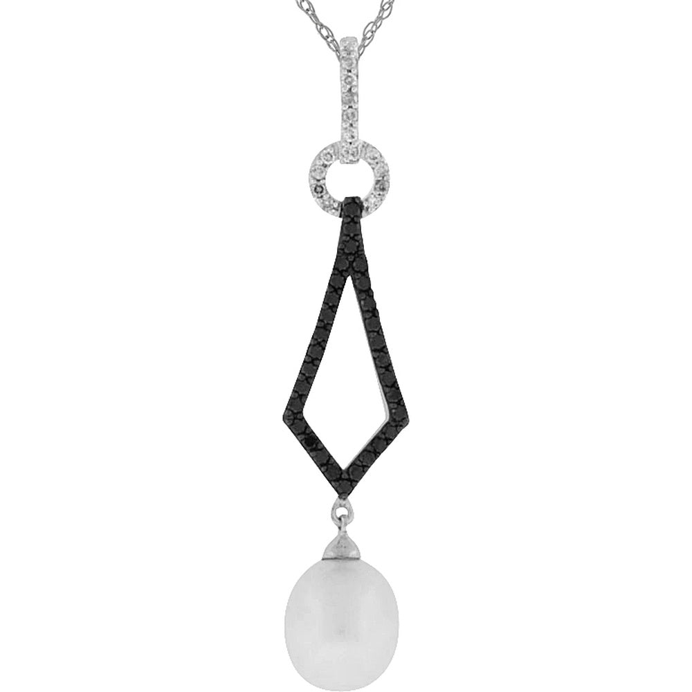 14K White Gold Geometric Pendant Necklace with Round White Diamonds and Pavé-Set Black Diamonds with Oval Pearl Drop - 0.12 Carat White Diamond and 0.25 Carat Black Diamond Total Weight - Royal Jewelry