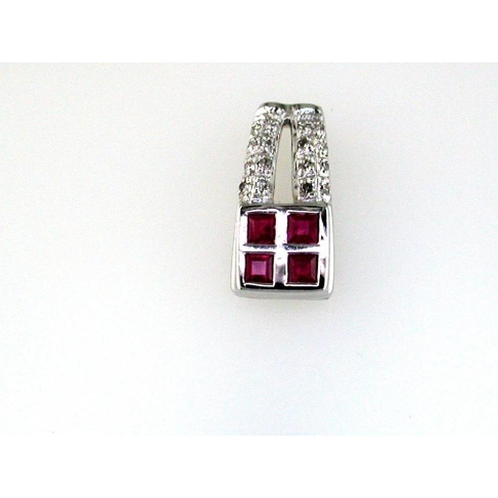 14K White Gold Geometric Pendant with 0.25 Carat Princess Cut Rubies and 0.05 Carat Round Pave Diamonds - Royal Jewelry