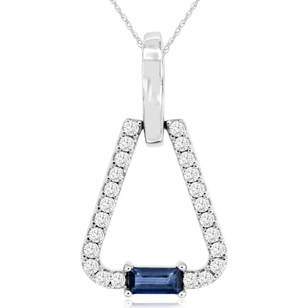 14K White Gold Geometric Pendant with 0.30 Carat Emerald-Cut Blue Sapphire and 0.43 Carat Round Diamond Border - Royal Jewelry
