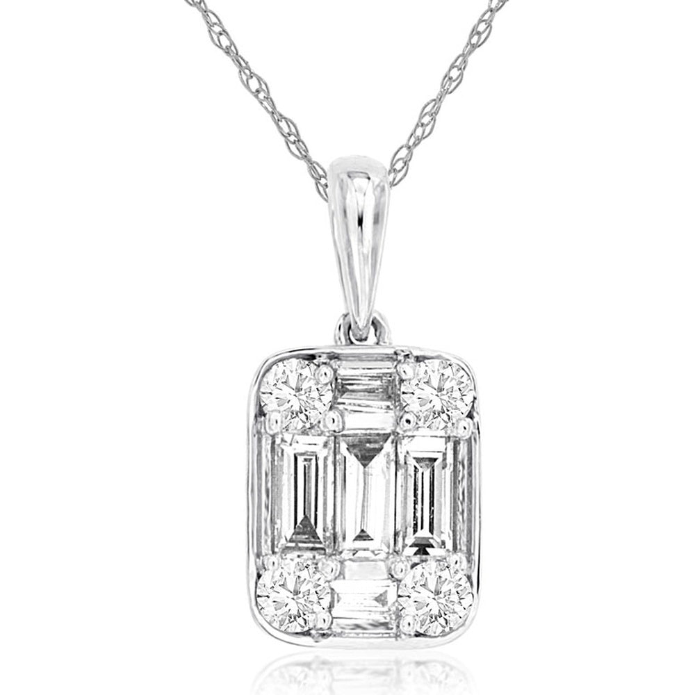 14K White Gold Geometric Pendant with Baguette and Round Brilliant-Cut Diamonds - 0.43 Carat Total Diamond Weight - Royal Jewelry