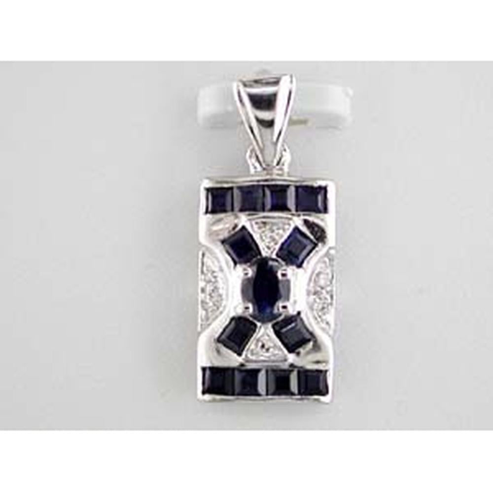 14K White Gold Geometric Pendant with Oval Sapphire (1.30ct) and Round Diamond Accents (0.05ct) - Square Sapphire Frame Design - Royal Jewelry