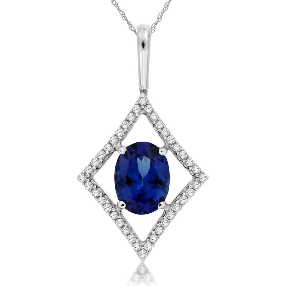 14K White Gold Geometric Pendant with Oval Tanzanite and Round Diamond Accents - 1.45 Carat Total Gem Weight - Royal Jewelry