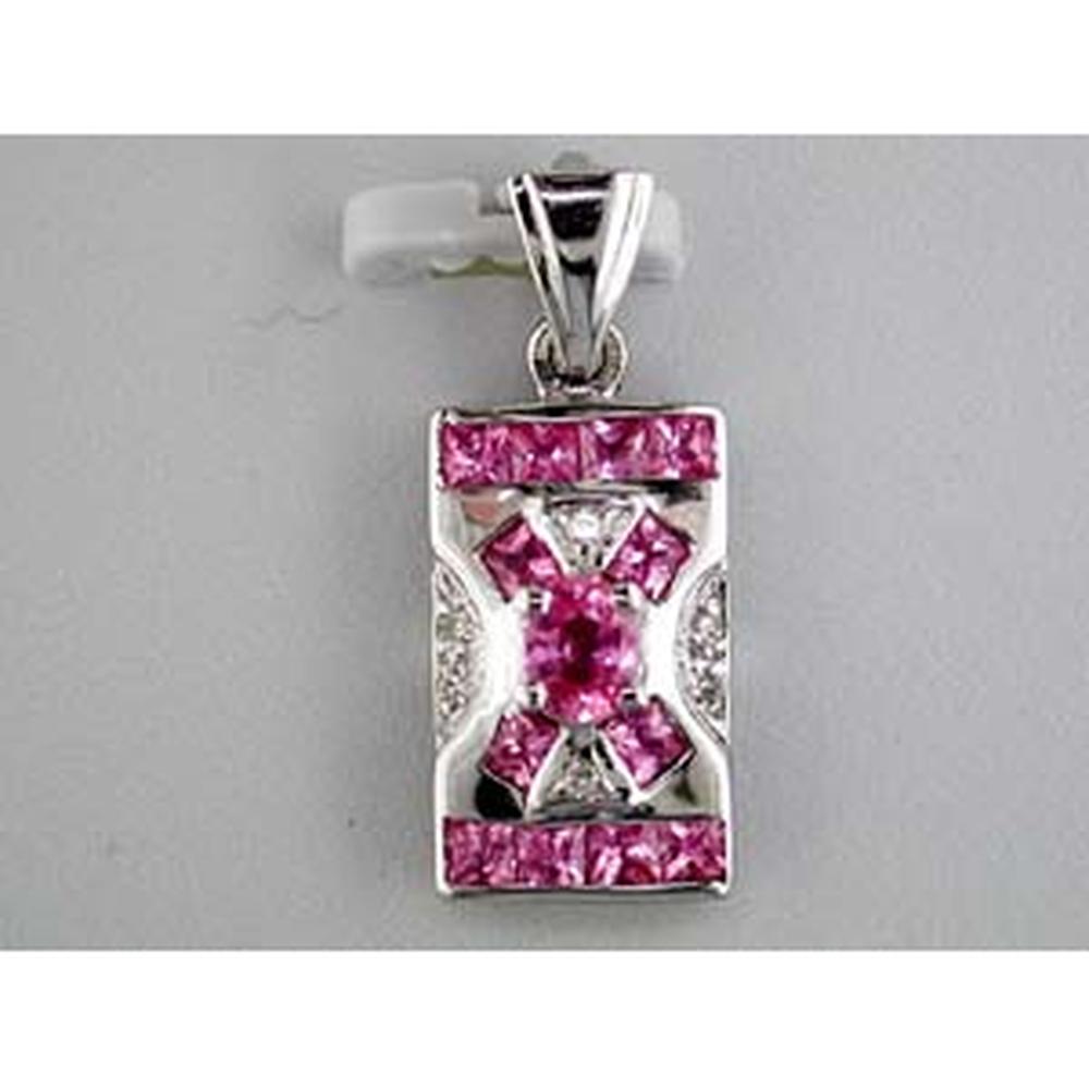 14K White Gold Geometric Pendant with Pink Sapphires and Round Diamond Accent - 1.30 Carat Total Pink Sapphire Weight - Royal Jewelry