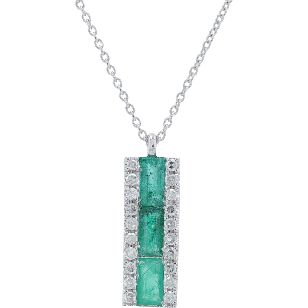 14K White Gold Geometric Pendant with Three Vertical Emeralds and Diamond Halo Border - 0.45 Carat Total Emerald Weight and 0.10 Carat Total Diamond Weight