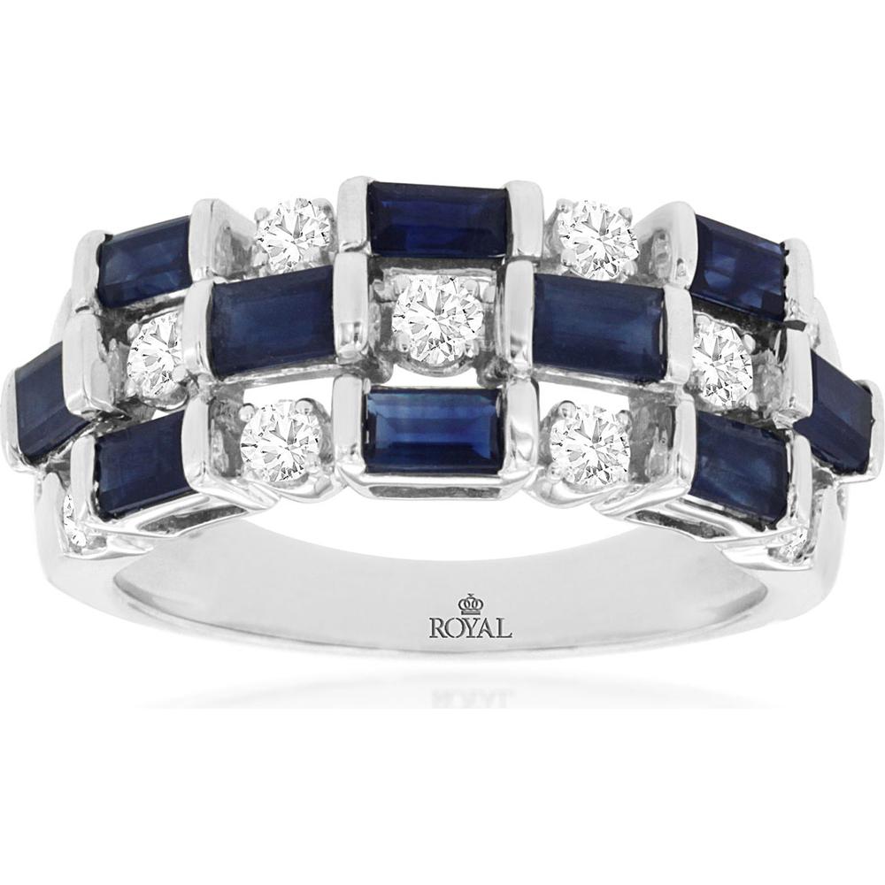 14K White Gold Geometric Ring with 2.00 Carat Baguette Sapphires and 0.50 Carat Round Diamonds - Royal Jewelry