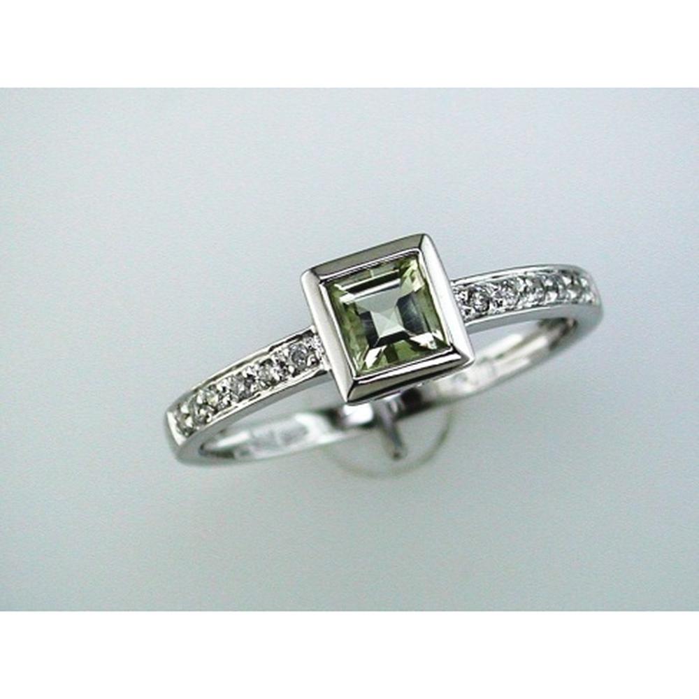 14K White Gold Geometric Ring with Bezel-Set Princess Cut Lemon Quartz and Round Diamond Accent Band - 0.48 Carat Total Gem Weight - Royal Jewelry